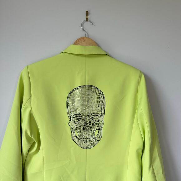Seven Lab Single-Breasted Rhinestone Skull Notch Lapel Blazer Neon Green XL - Picture 6 of 10